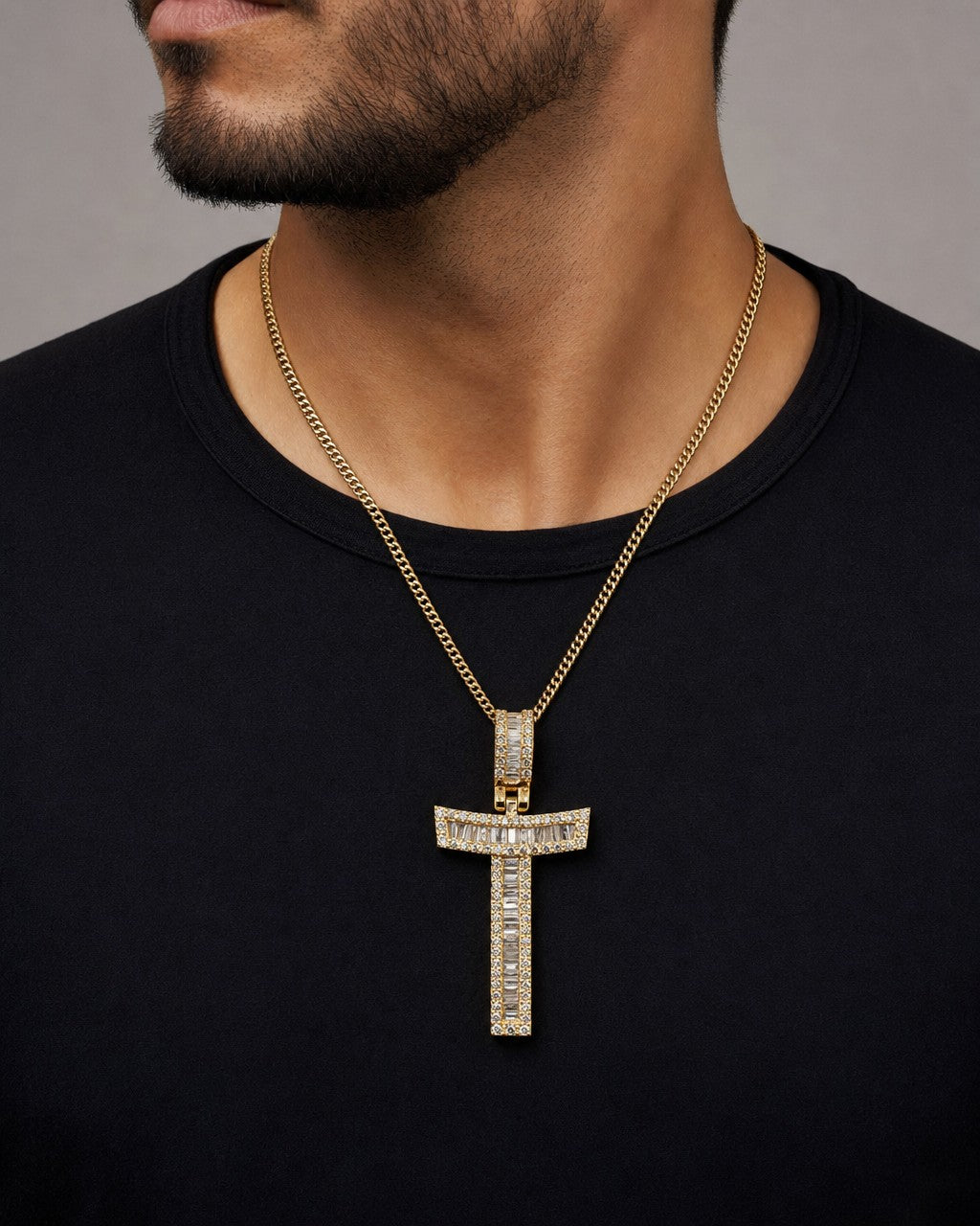 Male model wearing 14K Initial T Diamond Baguette Pendant