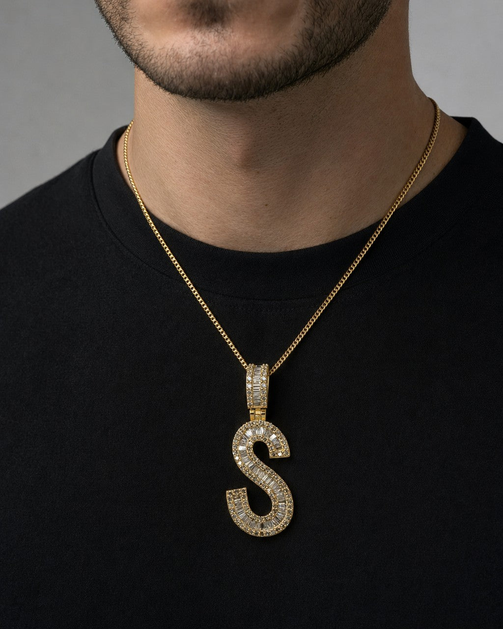 Male model wearing 14K Initial S Diamond Baguette Pendant