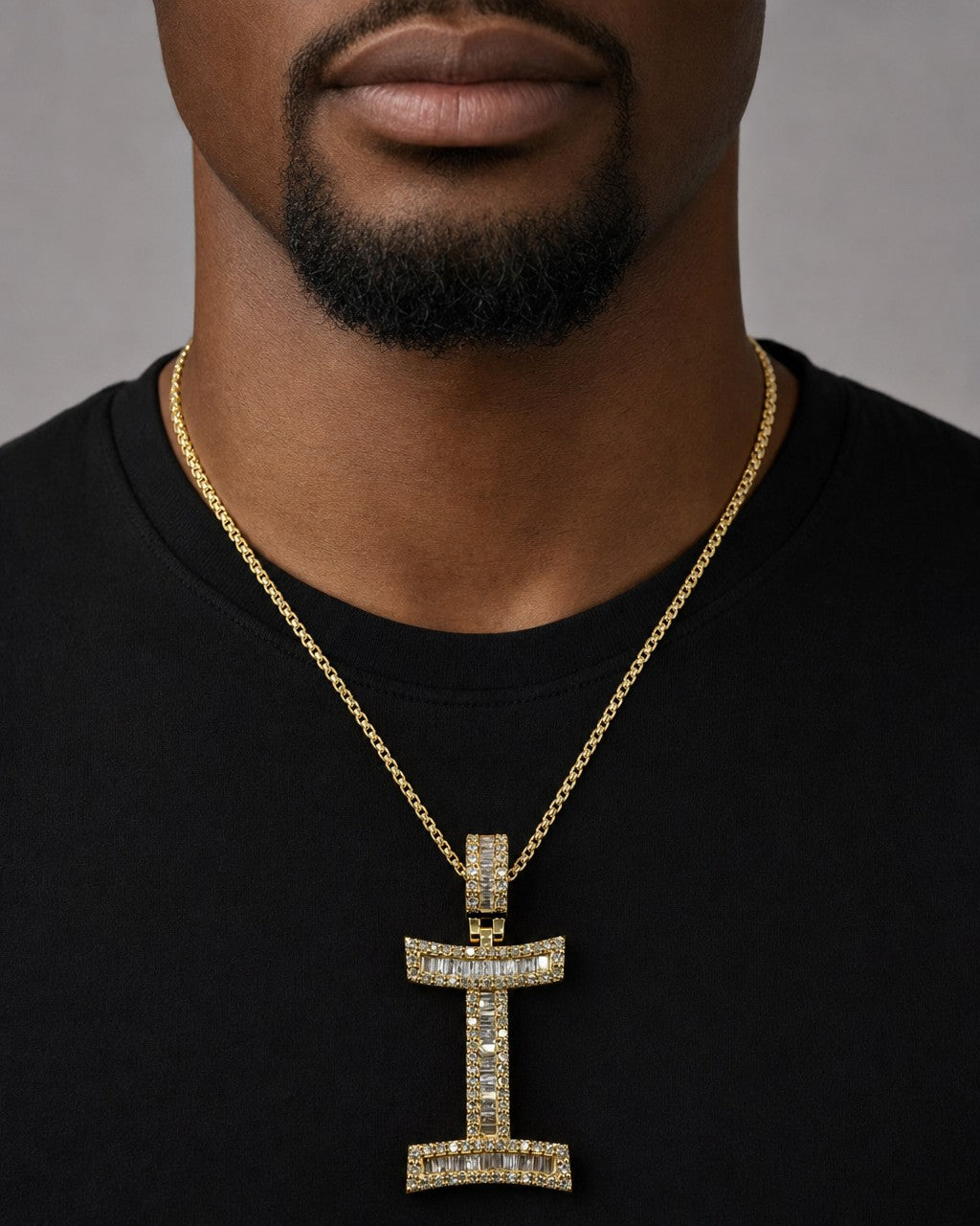Male model wearing 14K Initial I Diamond Baguette Pendant