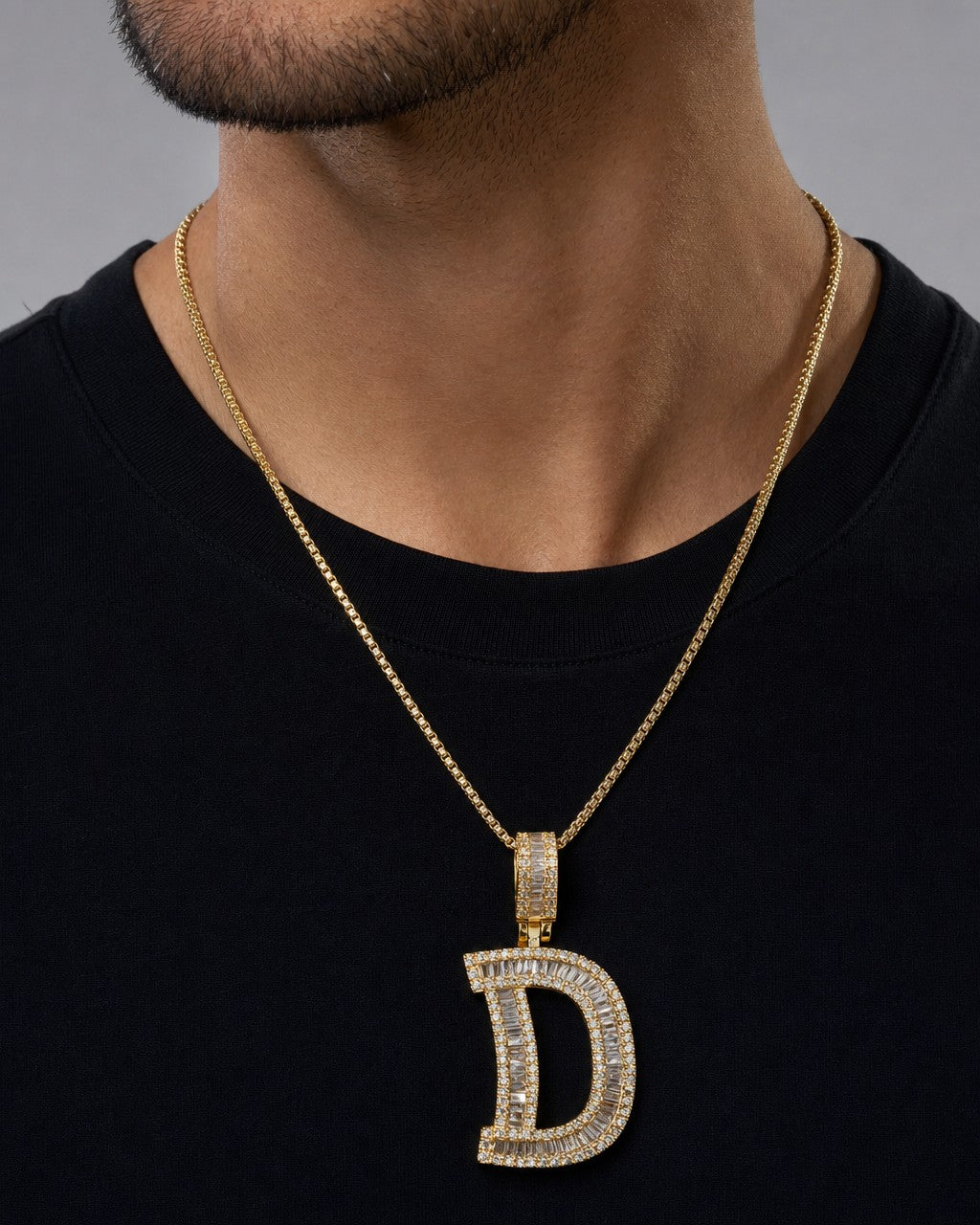 Male model wearing 14K Initial D Diamond Baguette Pendant