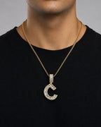 Male model wearing 14K Initial C Diamond Baguette Pendant