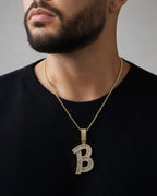 Male model wearing 14K Initial B Diamond Baguette Pendant