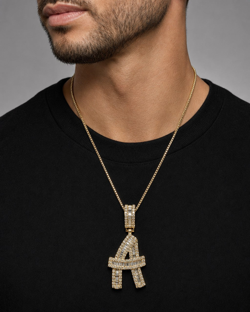 Male model wearing 14K Initial A Diamond Baguette Pendant
