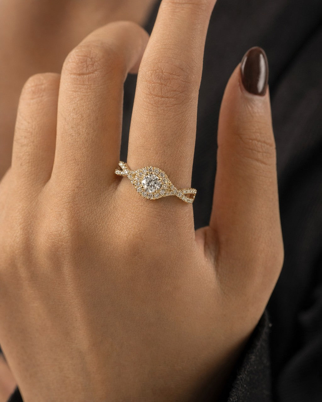 Female model wearing 14K Large Center Stone with Infinity Band Diamond Engagement Ring
