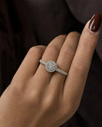 Female model wearing 14K Circle Halo Diamond Engagement Ring