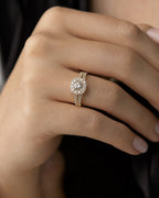 Female model wearing 14K Round Large Center Stone Diamond Engagement Ring