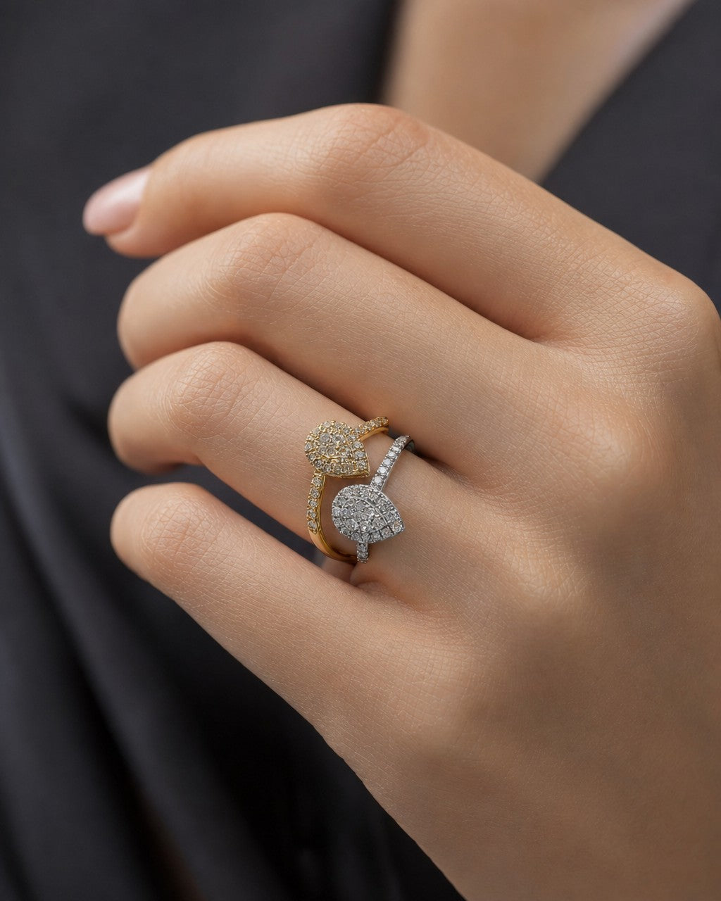 Female model wearing 14K Small Pear Shape Diamond Engagement Ring