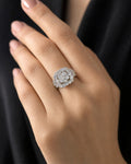 Female model wearing 14K Jumbo Rectangle Halo Diamond Engagement Ring