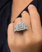 Female model wearing 14K Jumbo Square Halo Diamond Engagement Ring
