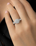 Female model wearing 14K Jumbo Circle Halo Diamond Engagement Ring with Band