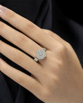 Female model wearing 14K Jumbo Circle Halo Diamond Engagement Ring