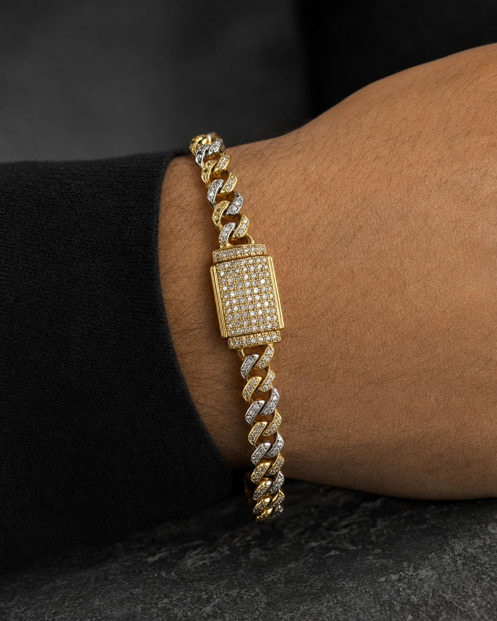 Male model wearing 10K 5.5MM Cuban Link Diamond Bracelet 7-8"