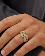 Male model wearing 10K/14K Gold 9MM Rounded Cuban Link Diamond Baguette Ring