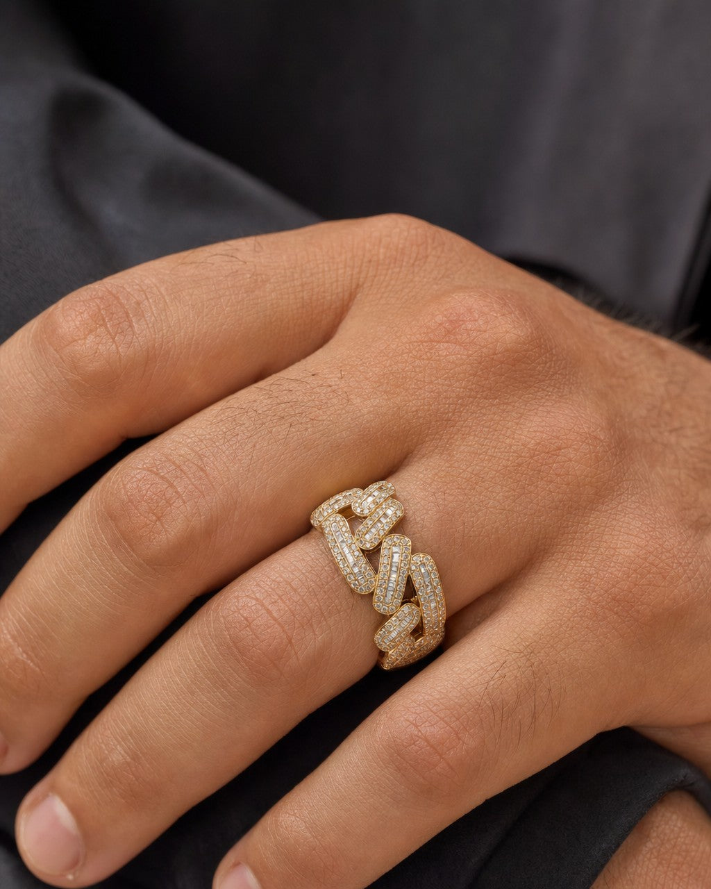 Male model wearing 10K/14K Gold 9MM Rounded Cuban Link Diamond Baguette Ring