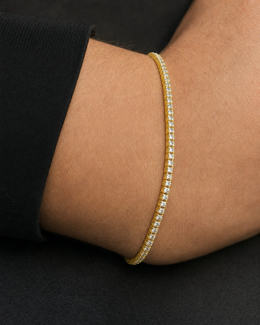 Male model wearing 14K 1.5MM Diamond Tennis Bracelet 6.5-7"