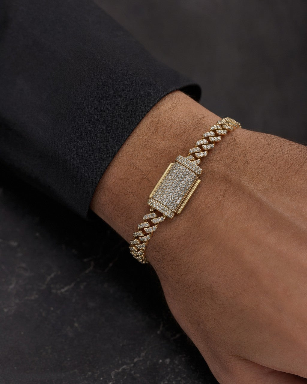 Male model wearing 14K 5MM Cuban Link Diamond Bracelet 7-8"