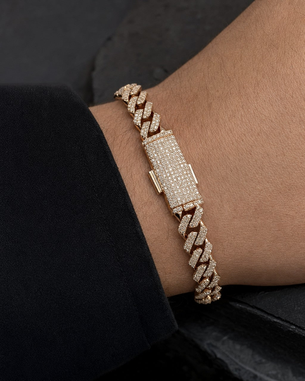 Male model wearing 14K 7MM Cuban Link Diamond Bracelet 7.5-8"