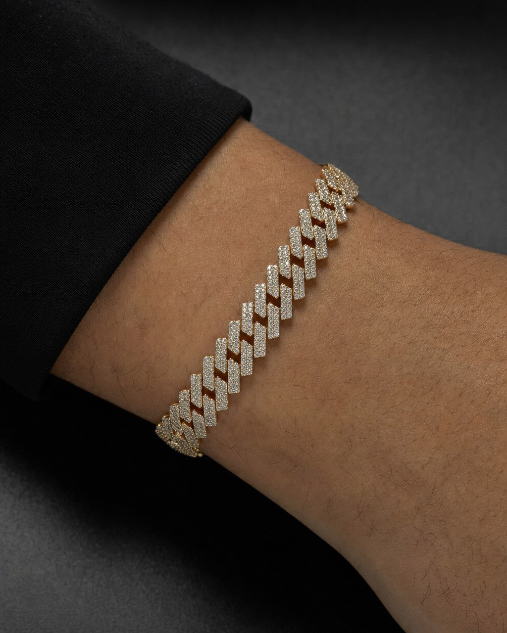 Male model wearing 14K 8MM Cuban Link Diamond Bracelet 7-8"