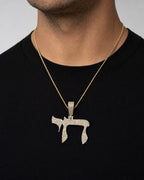 Male model wearing 14K Chai Diamond Pendant