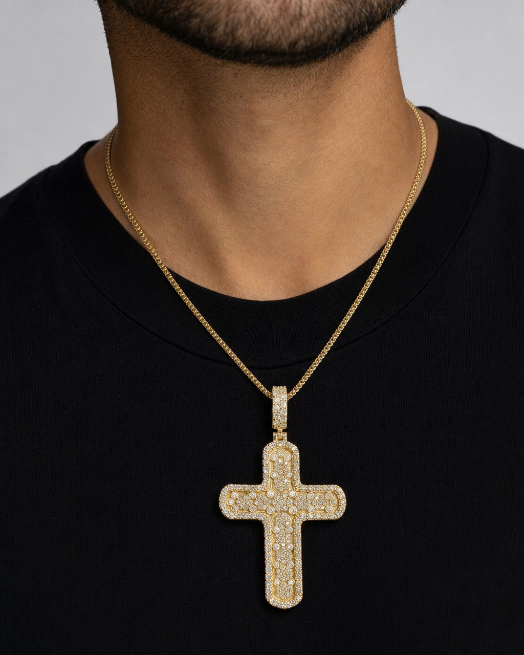 Male model wearing 14K Cross Diamond Pendant