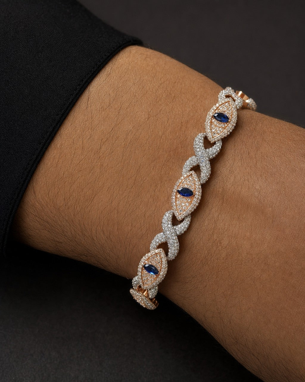 Male model wearing 14K Diamond Evil Eye Bracelet 8"