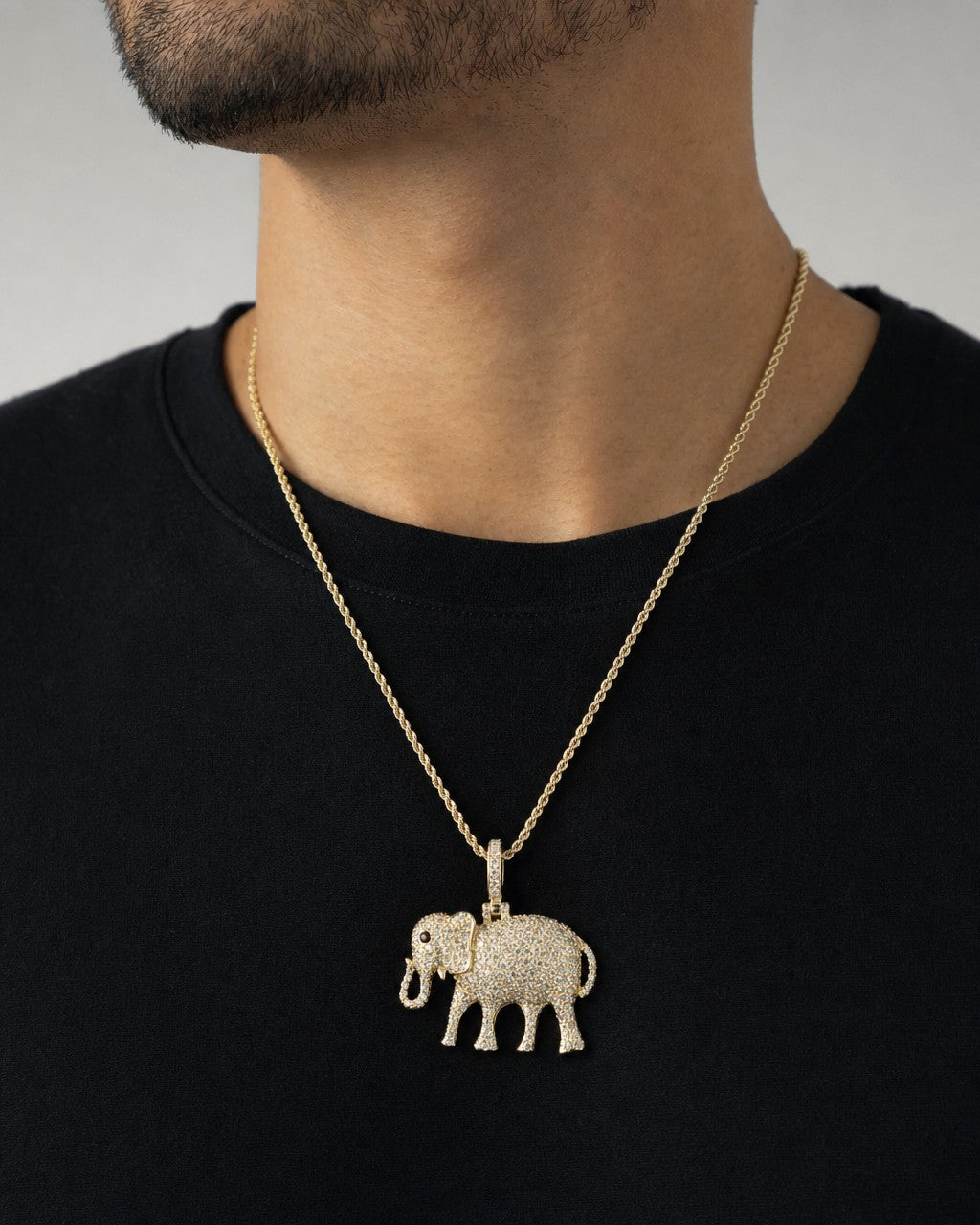 Male model wearing 14K Elephant Diamond Pendant