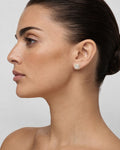 Female model wearing 14K Square Box Diamond Baguette Earrings