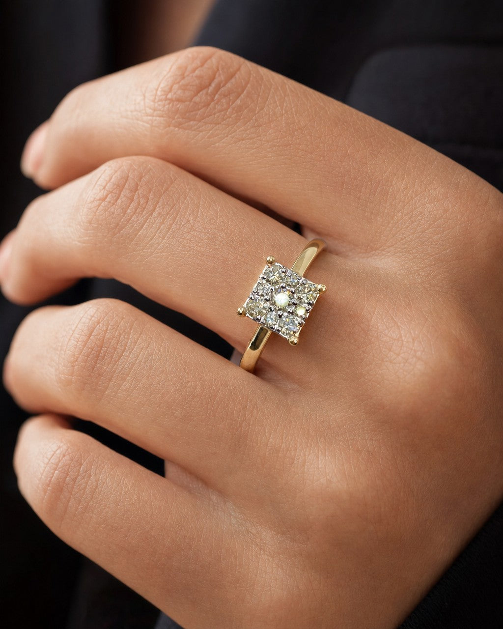 Female model wearing 14K Square Diamond Engagement Ring