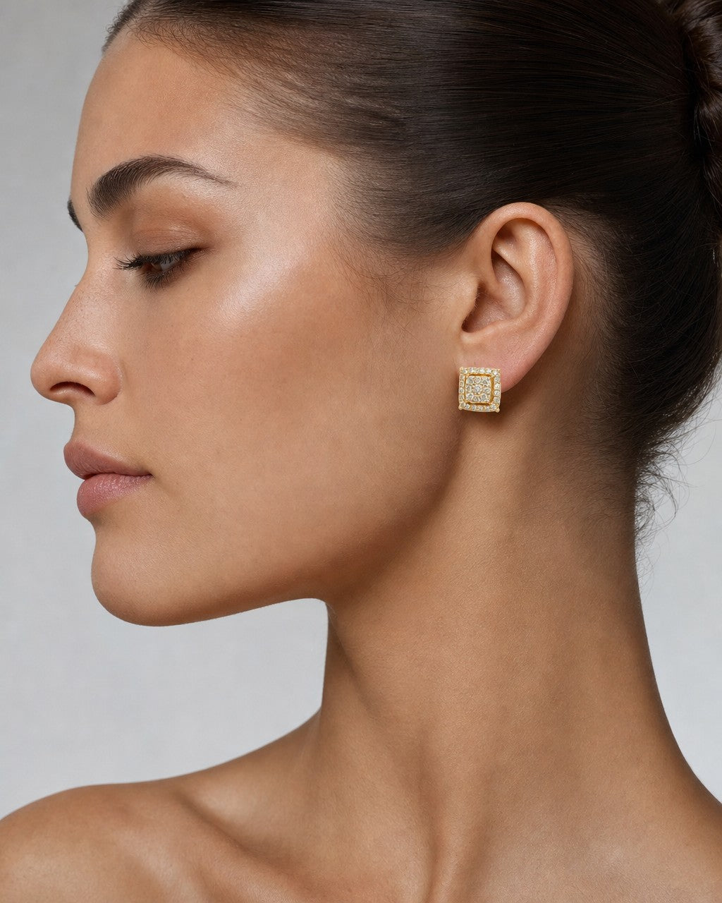Female model wearing 14K Square Box Earrings