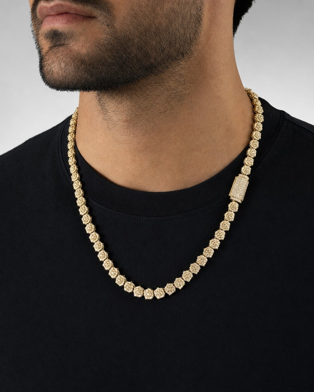 Male model wearing Diamond Eternity Rose Necklace 10k