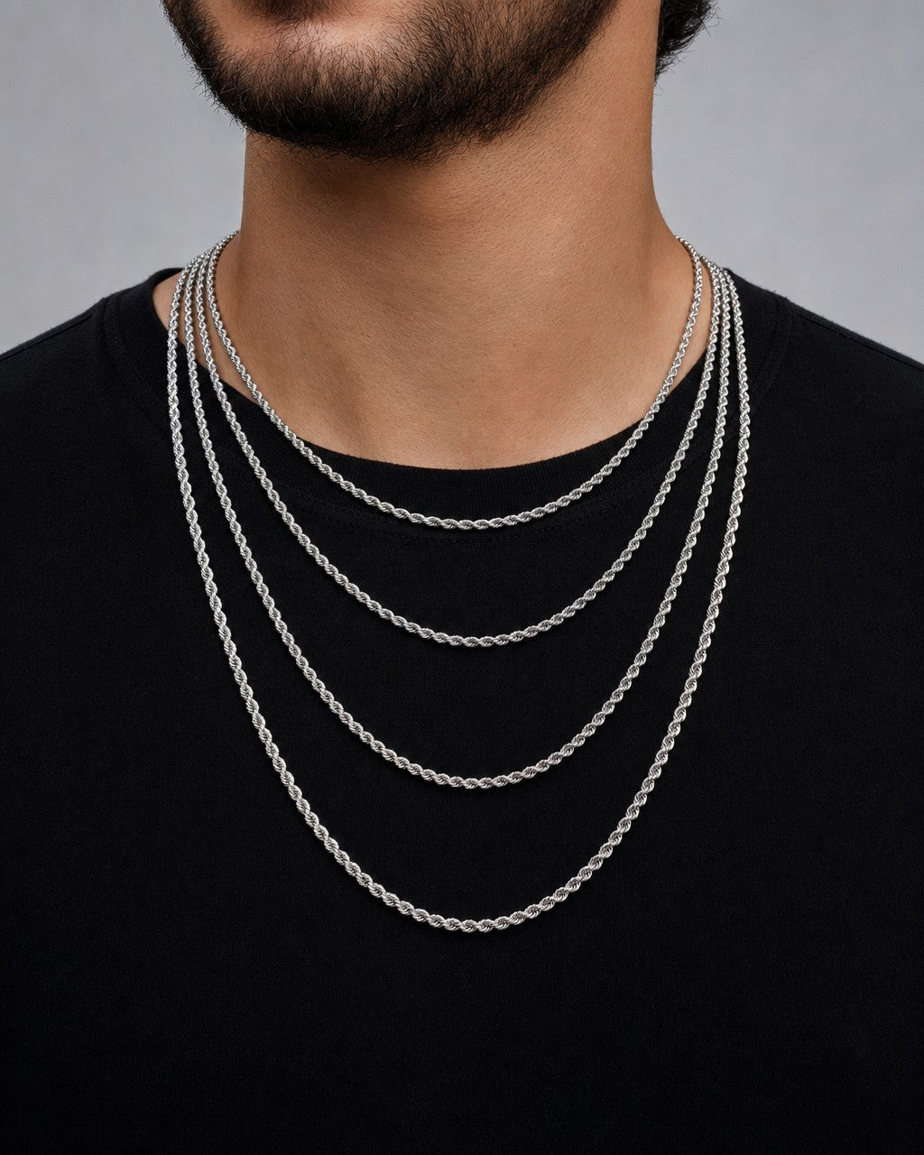 Male model wearing Rope Chain Necklace Real 10K White Gold Full Collection