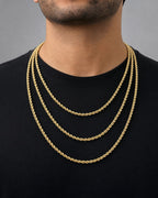 Male model wearing Rope Chain Necklace Real 14K Yellow Gold 16-24"