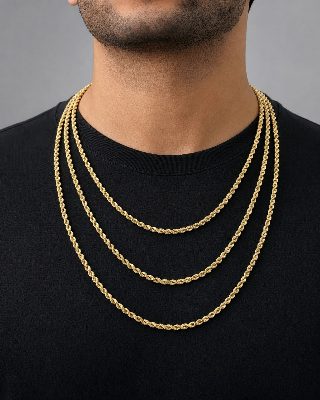 Male model wearing Rope Chain Necklace Real 14K Yellow Gold 16-24"