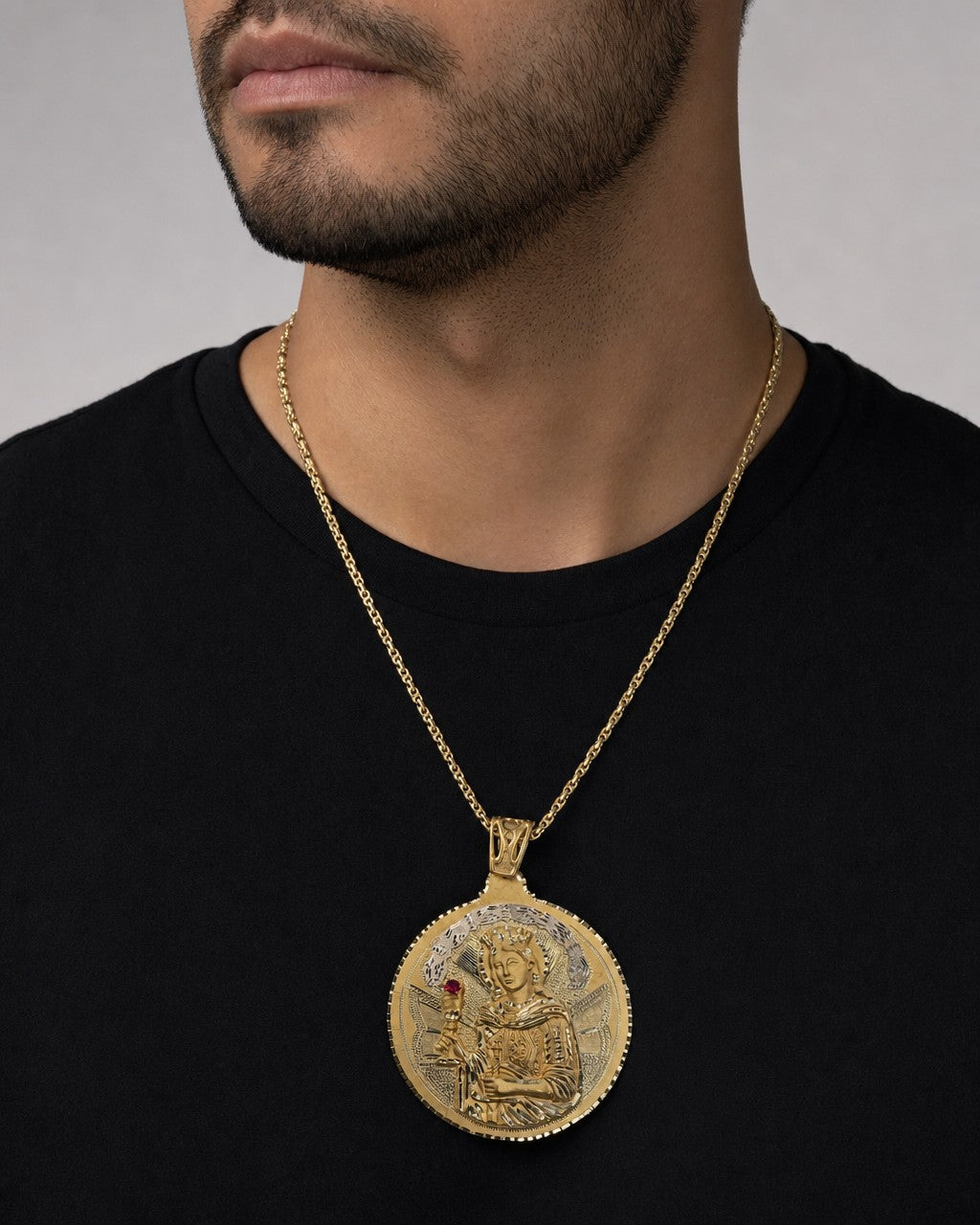 Male model wearing 10K Saint Barbara Pendant 4.5"