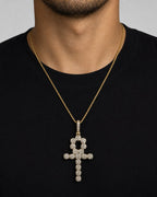 Male model wearing 14K Ankh Cross Diamond Pendant