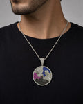 Male model wearing 14k Custom Battle Pendant