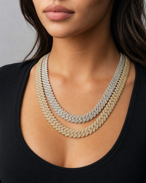 Female model wearing 10K 10.5MM Cuban Link Diamond Chain 22"