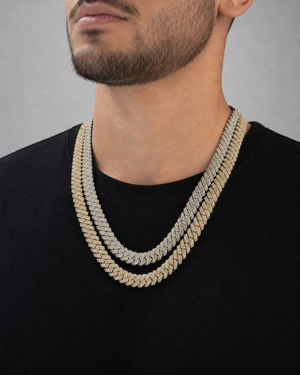 Male model wearing 10K 10.5MM Cuban Link Diamond Chain 22"
