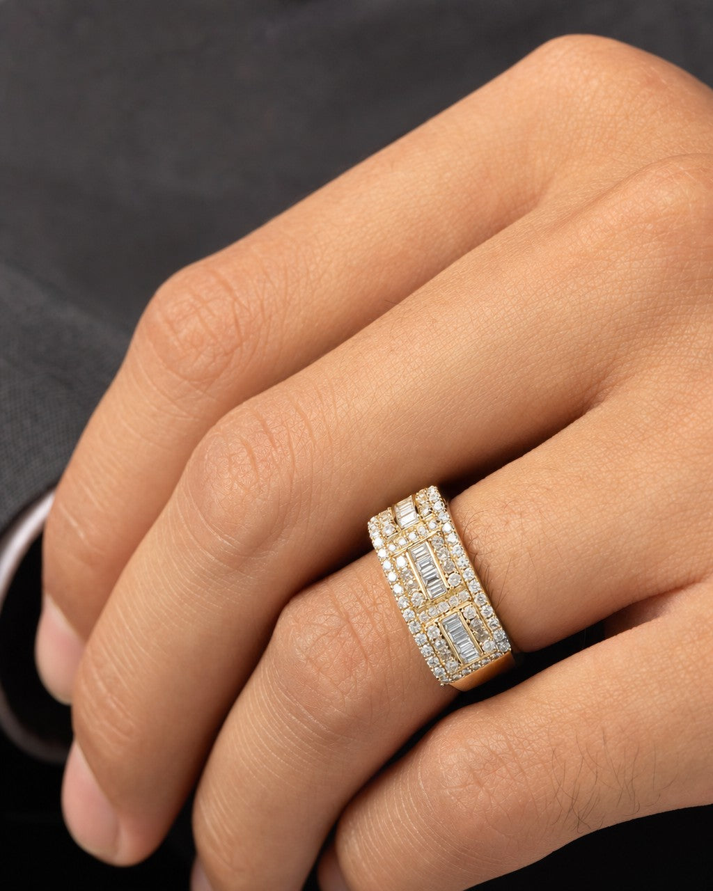 Model wearing 10K 10.5MM Rectangle Diamond Baguette Ring